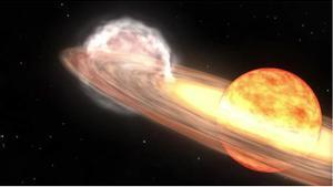 Simulación realizada por la NASA de una estrella gigante roja orbitando junto a una estrella enana blanca.