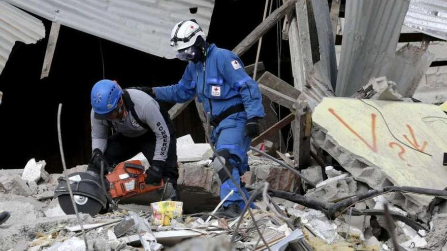 Operarios buscan supervivientes entre los restos de un edificio derrumbado.