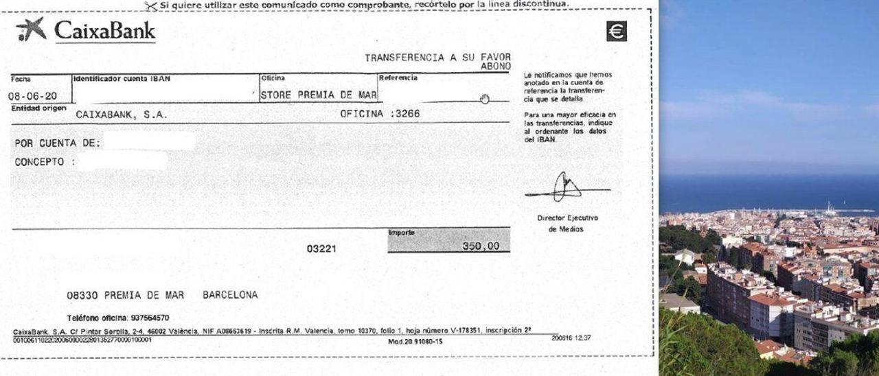 A la izquierda, uno de los recibos de las transferencias mensuales que a F.G.Z. le ponen los ocupantes de su piso en Premiá. A la derecha, vista de Mataró.