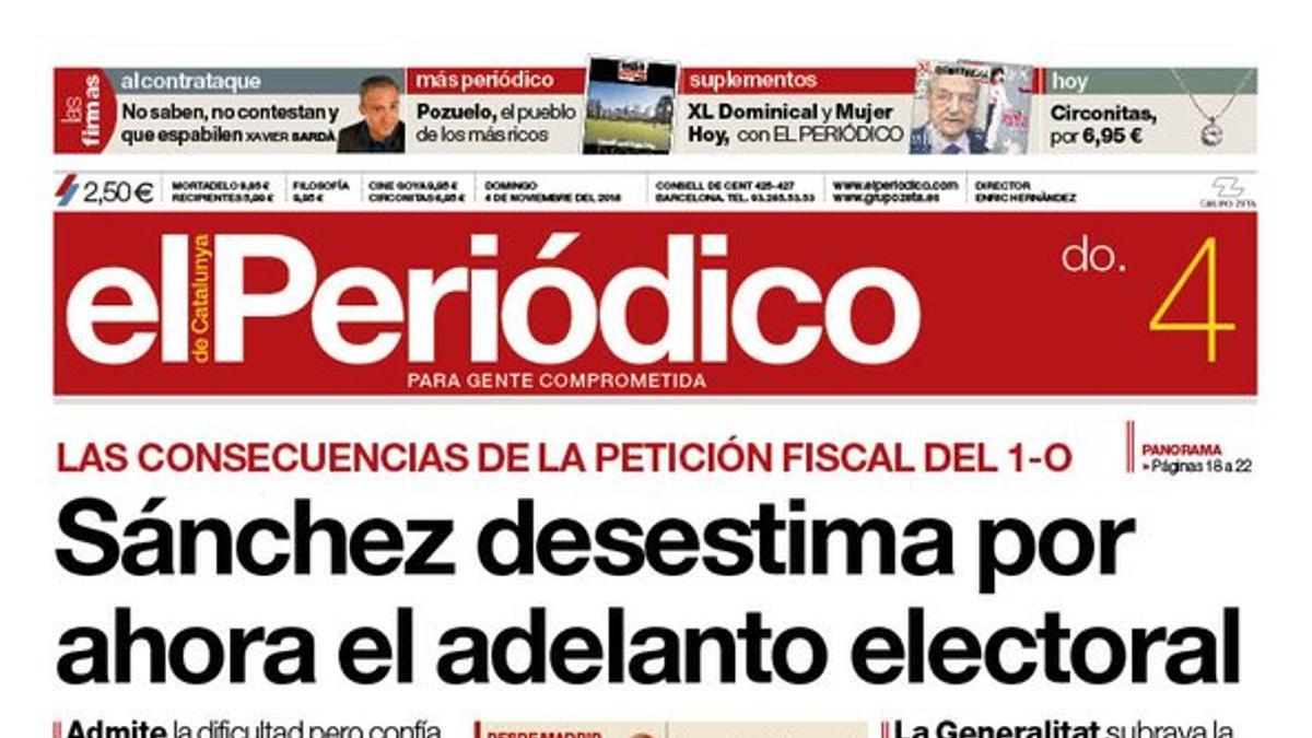 La portada de EL PERIÓDICO del 4 de noviembre del 2018