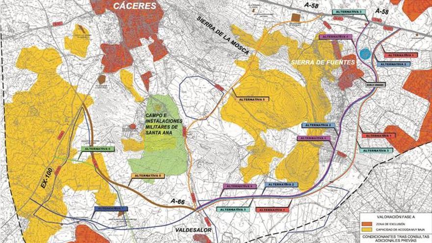 Fomento da 5 alternativas para conectar la A-58 y la A-66 por el sur de Cáceres