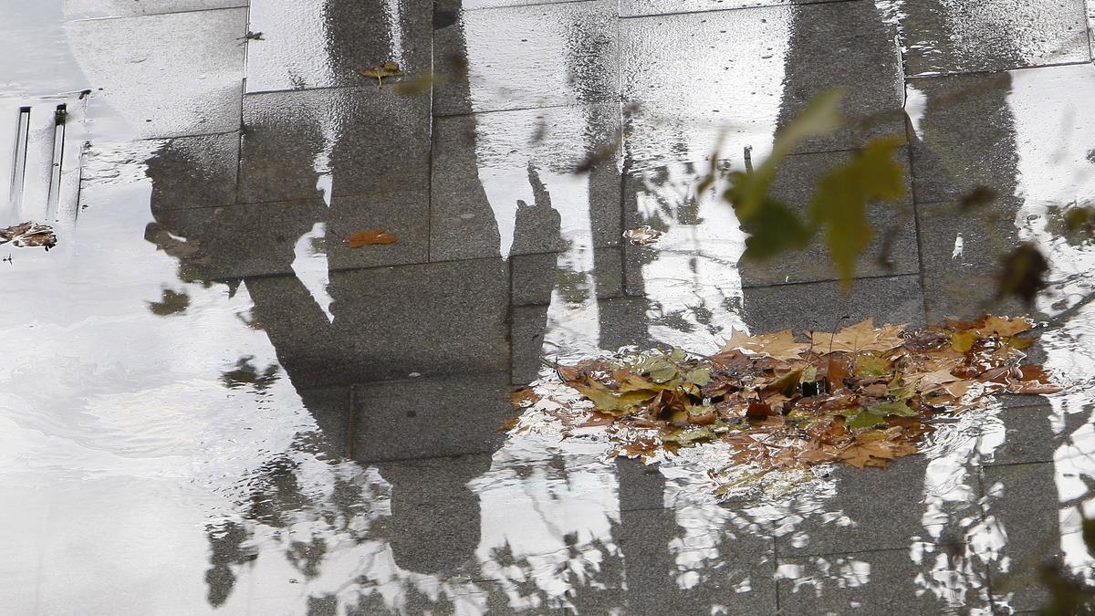 Dos transeúntes se reflejan el suelo mojado al lado de un husillo tapado por hojas.