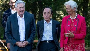 Jerome Powell, Kazuo Ueda y Christine Lagarde, en Jackosn Hole (EEUU).