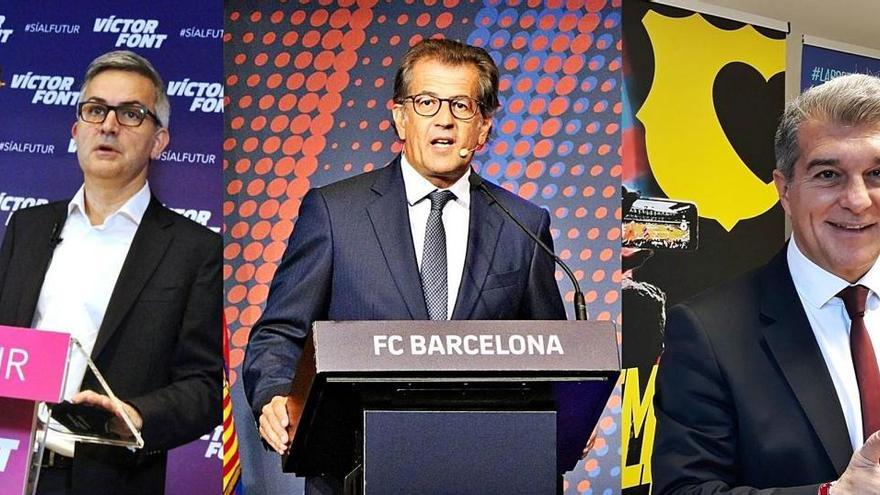 Víctor Font, Toni Freixa i Joan Laporta (d&#039;esquerra a dreta) aspiren a ser escollits avui com a nou president del Futbol Club Barcelona