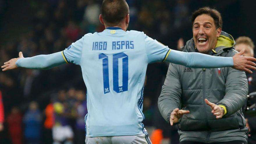 Aspas y Berizzo celebran uno de los goles en Krasnodar // REUTERS