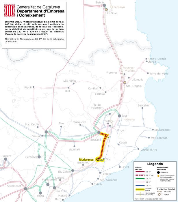 Mapa de l'alternativa 2, que preveu la construcció d'una nova línia de 400 Kv des la subestació de Bescanó.