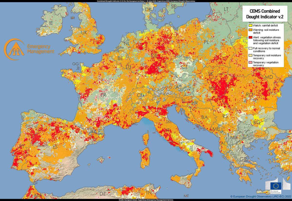 Mapa de la sequía en Europa a 27 de julio.