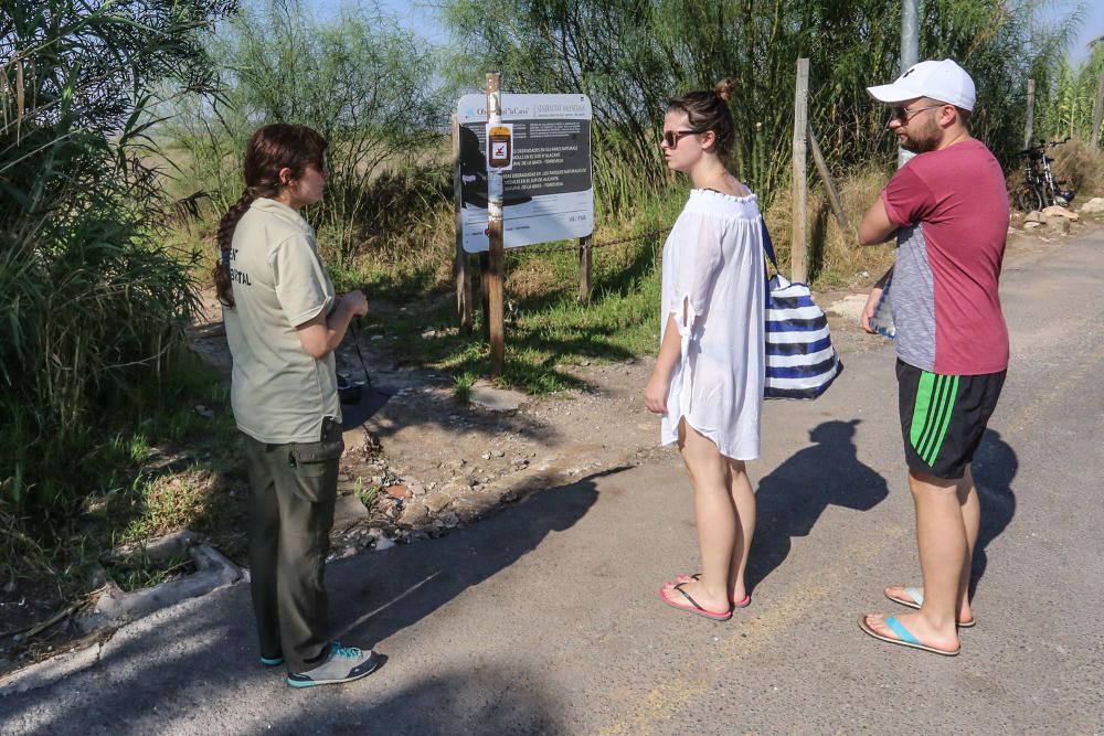 Guardia Civil y Policía cierran el paso a los bañistas en la laguna de Torrevieja. El personal del parque natural y agentes ambientales de la Generalitat informan sobre la prohibición de baño