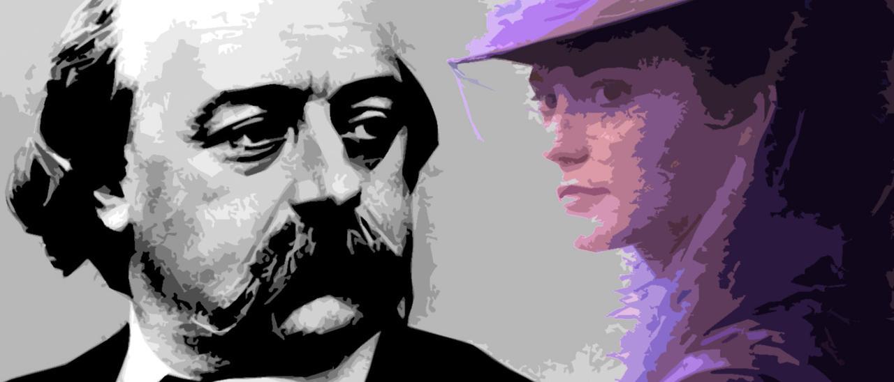 Gustave Flaubert a la izquieda y Mia Wasikowska como Emma Bovary (Sphie Barthes, 2014), a la derecha