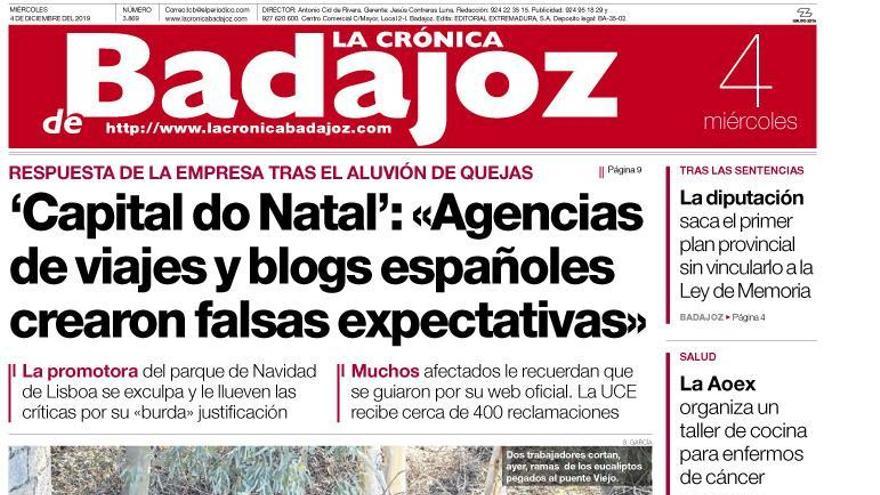 Esta es la portada de LA CRÓNICA DE BADAJOZ correspondiente al día 4 de diciembre del 2019