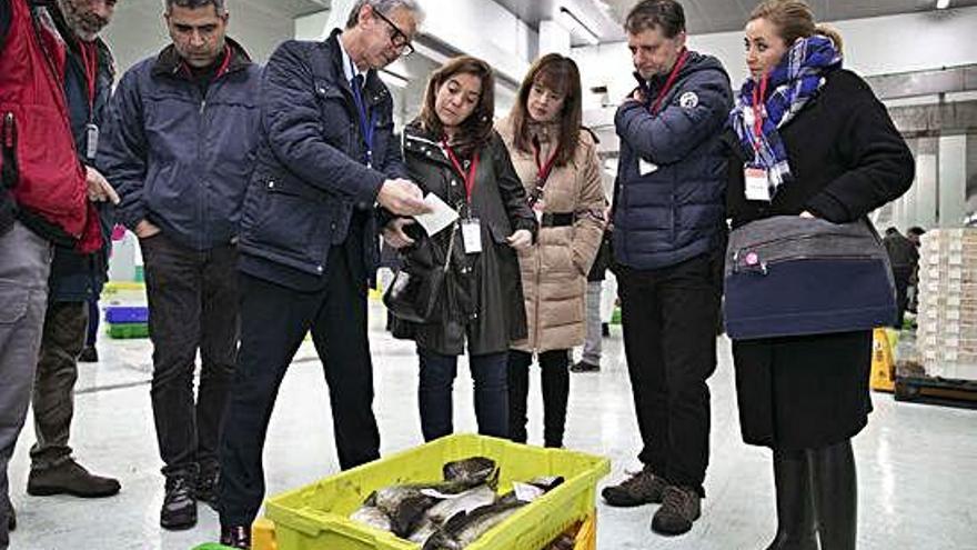 La alcaldesa Inés Rey, en el centro, ayer durante su visita a la lonja de A Coruña.