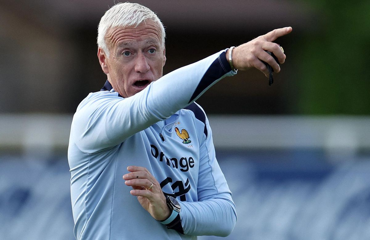 France's head coach Didier Deschamps gestures during a training session as part of the team's preparation for the upcoming UEFA Nations League semi-final football match against Spain, in Clairefontaine-en-Yvelines on June 2, 2025. (Photo by FRANCK FIFE / AFP)