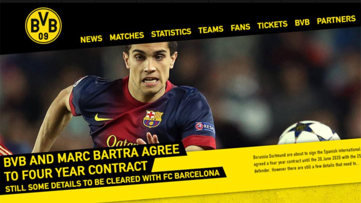 Página web del Dortmund anunciando que Bartra firmará por cuatro temporadas