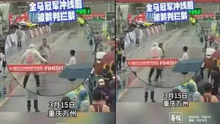¡Escena surrealista en China! Un juez desvía al ganador del maratón a 10 metros de meta y le echan