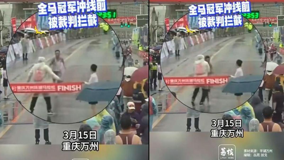 ¡Escena surrealista en China! Un juez desvía al líder del maratón a metros de la meta