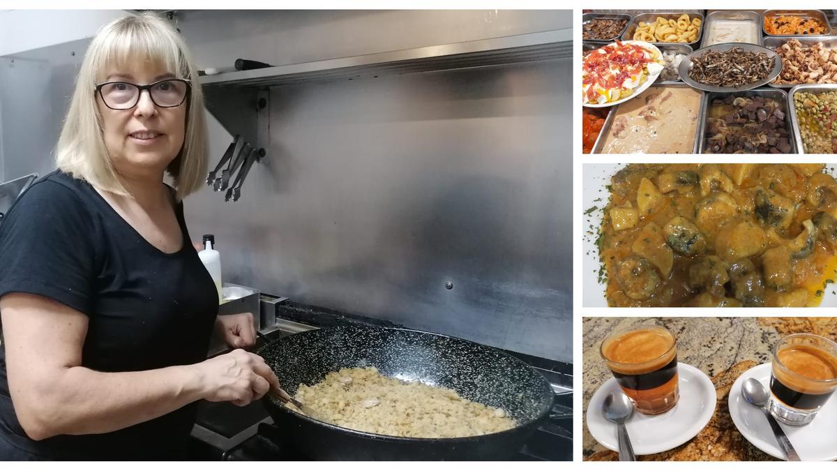 Ángeles Fuentes, preparando las famosas migas de La Bolera. A la derecha, la fuente con la gran variedad de platos preparados para cada almuerzo, el all i pebre y los carajillos.