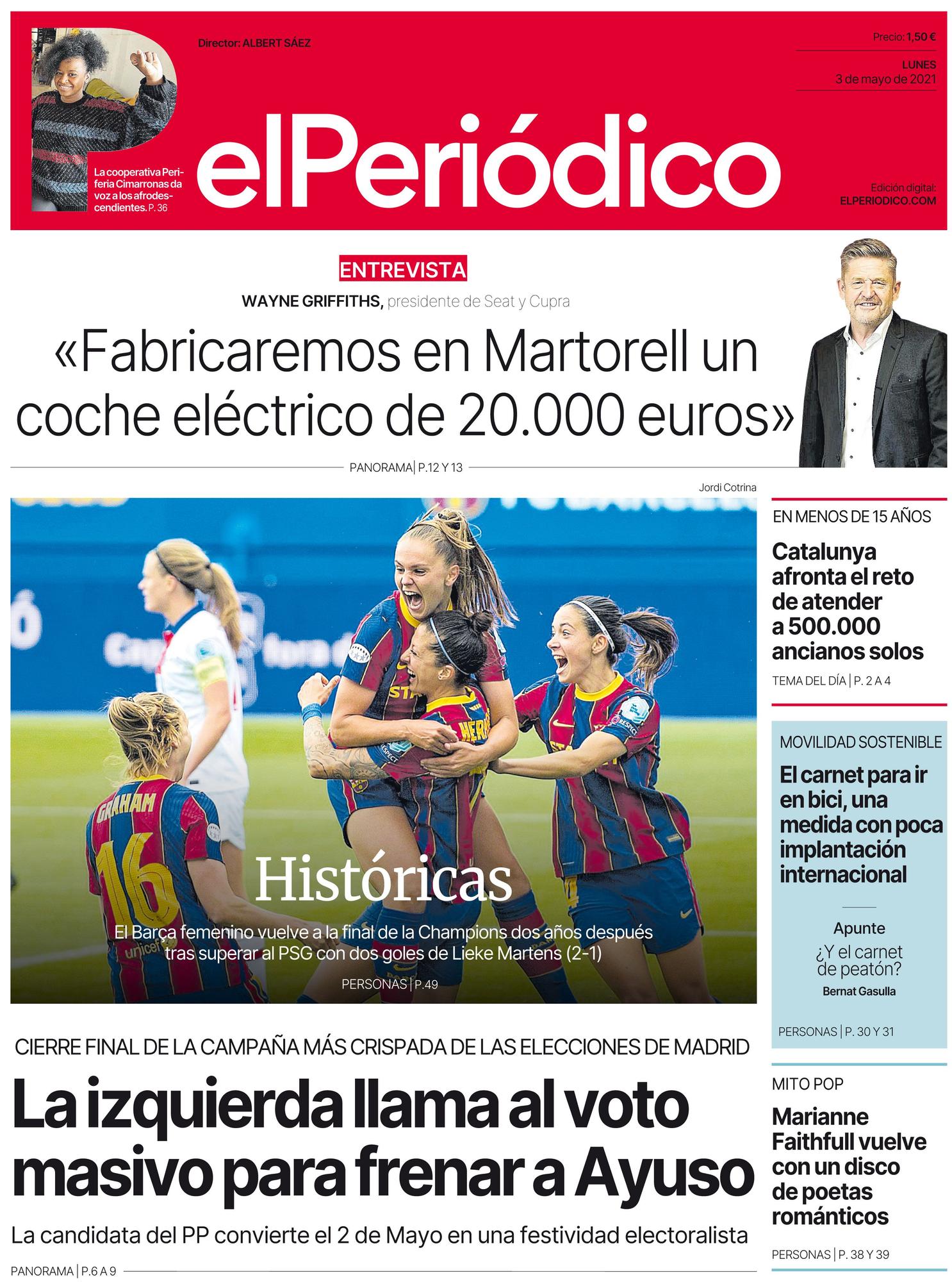 La portada de EL PERIÓDICO del 3 de mayo de 2021