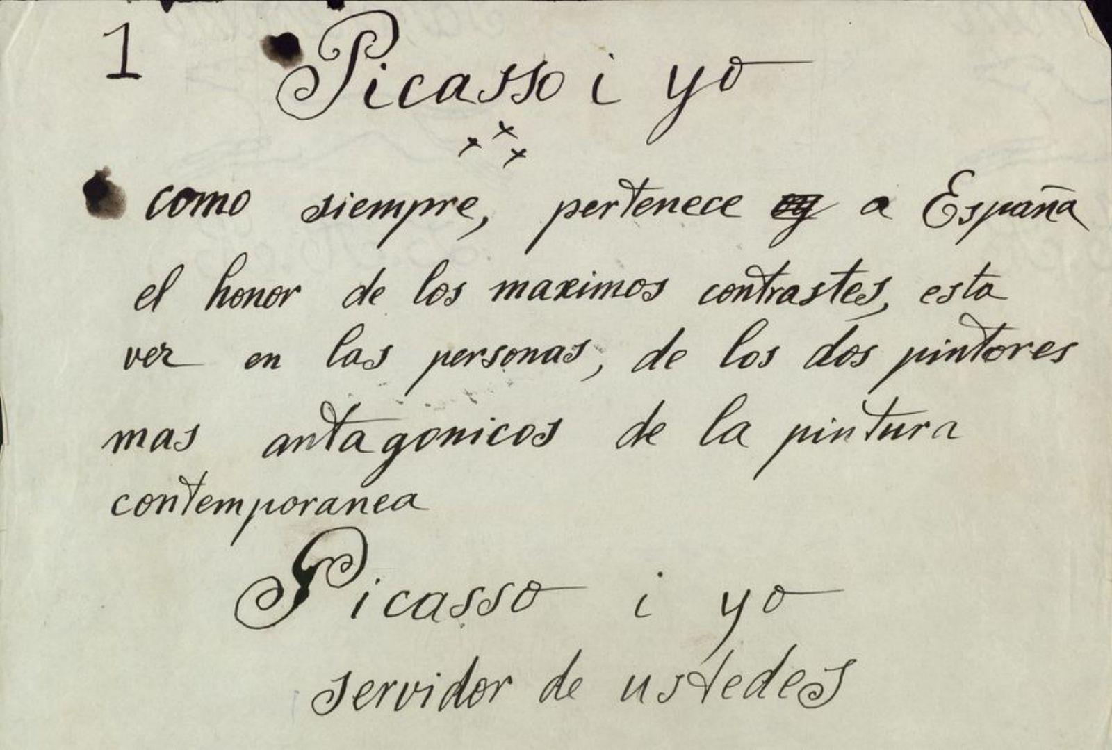 Primera pàgina del manuscrit original de Salvador Dalí de la conferència Picasso y yo