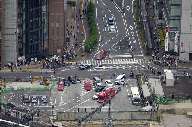 An aerial view shows the site after former Japanese prime minister Shinzo Abe was apparently shot during an election campaign in Nara, Japan