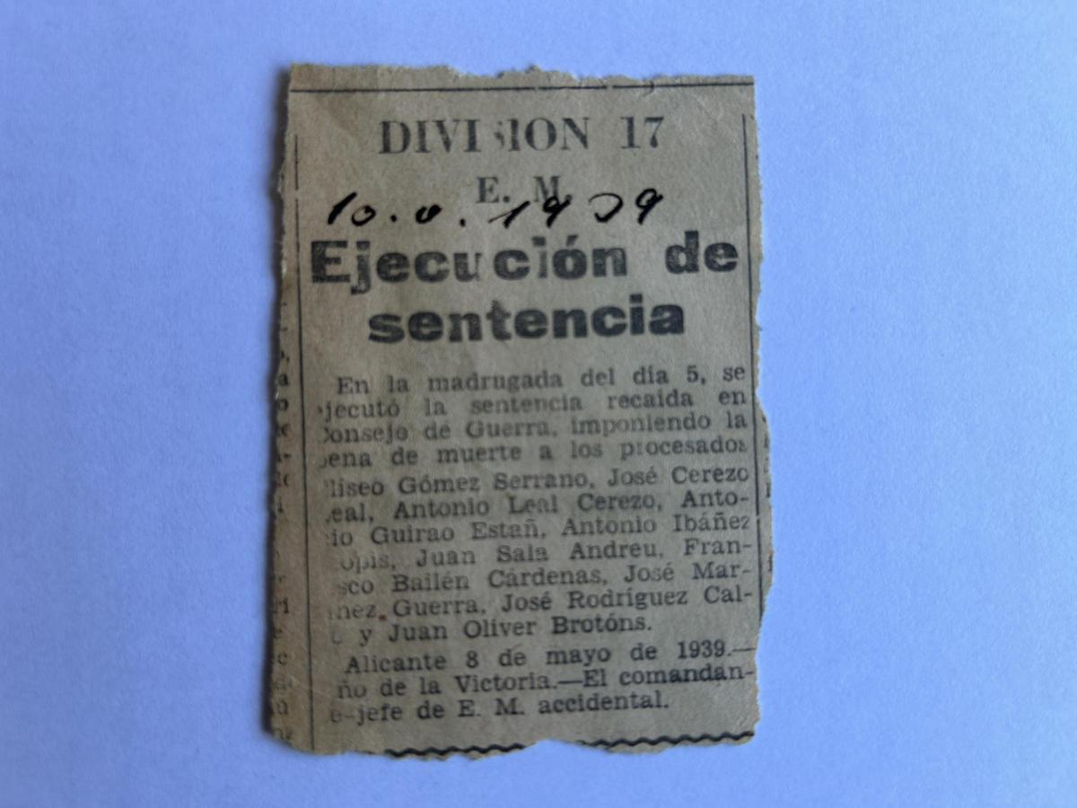 Hoja oficial de Alicante, 9 de maig de 1939.