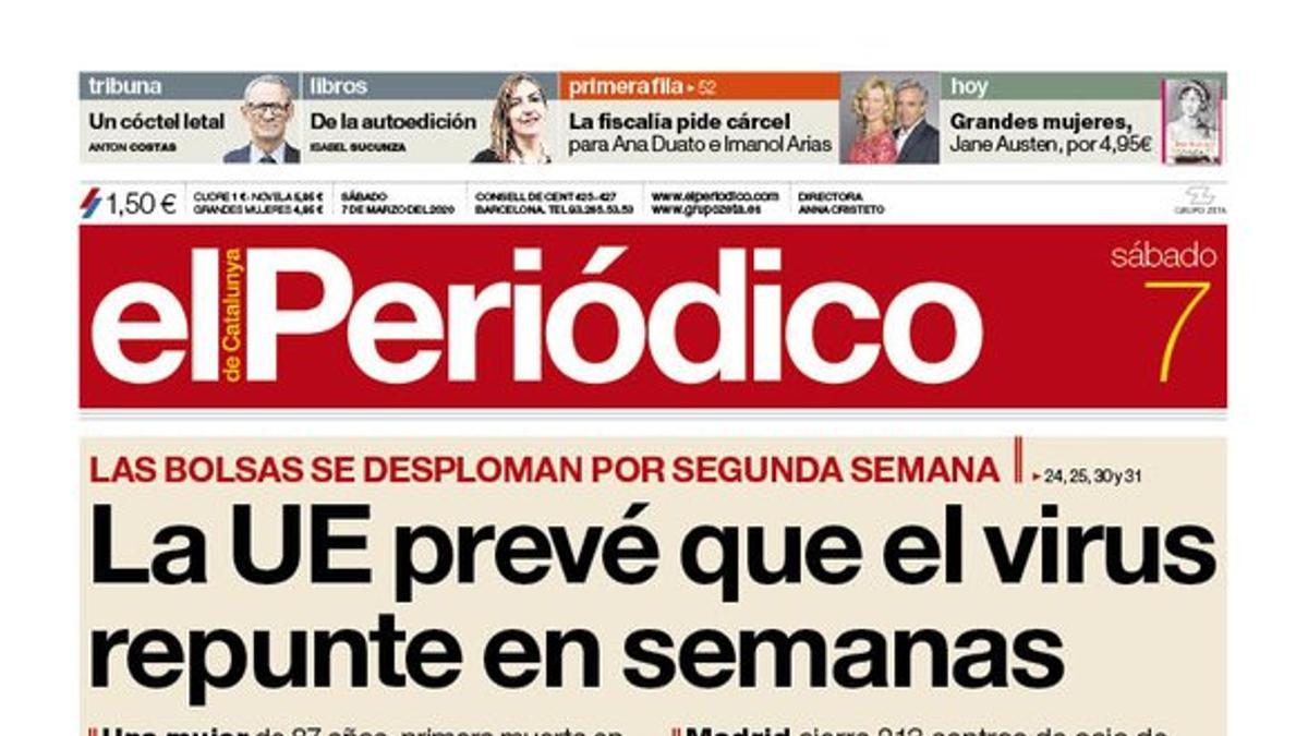 La portada de EL PERIÓDICO del 7 de marzo del 2020.