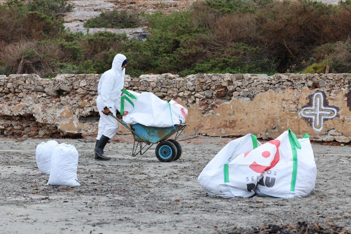 Trabajos de limpieza en la Xanga y Platja d’en Bossa de los restos del yate incendiado en Ibiza