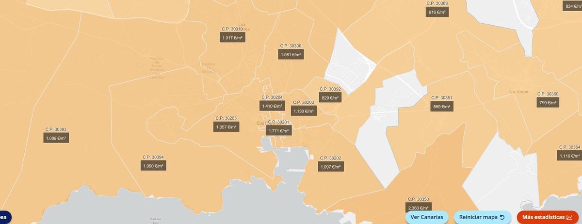 Precio del m2 por CP en Cartagena