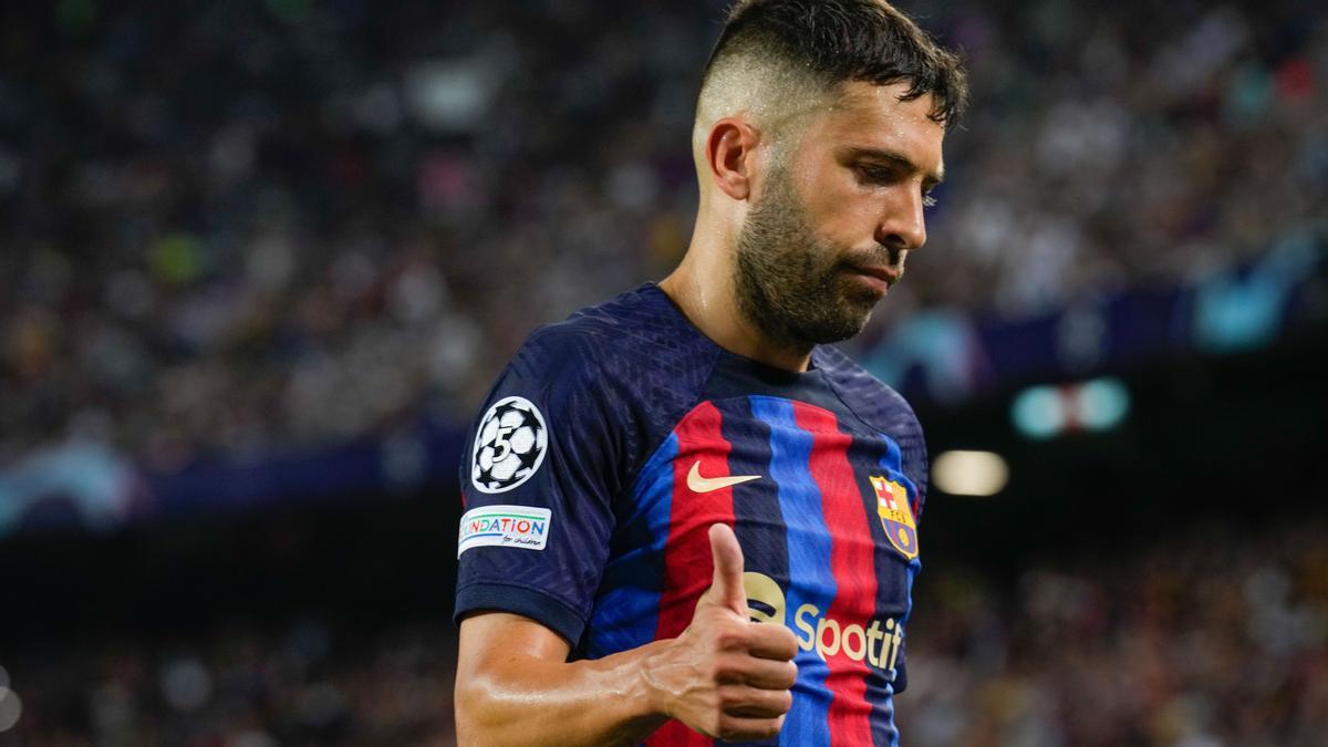 Jordi Alba, durante el partido correspondiente al grupo B de la Liga de Campeones de la UEFA que FC Barcelona y Viktoria Pilsen juegan este miércoles en el estadio Spotify Camp Nou de Barcelona.