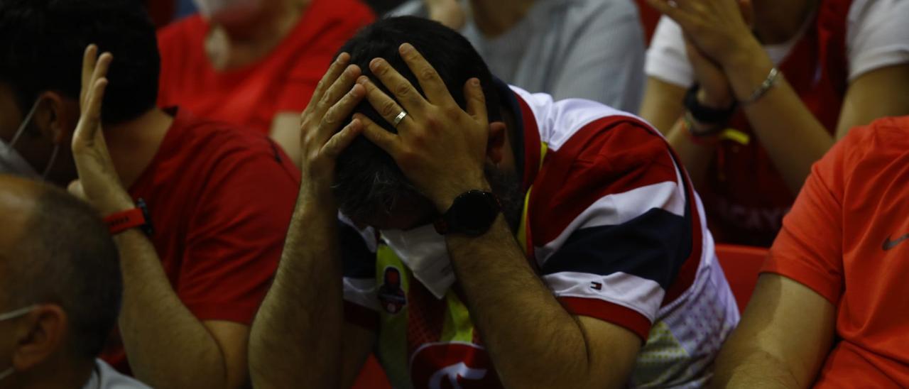 Un aficionado, con gesto desesperado durante el partido.