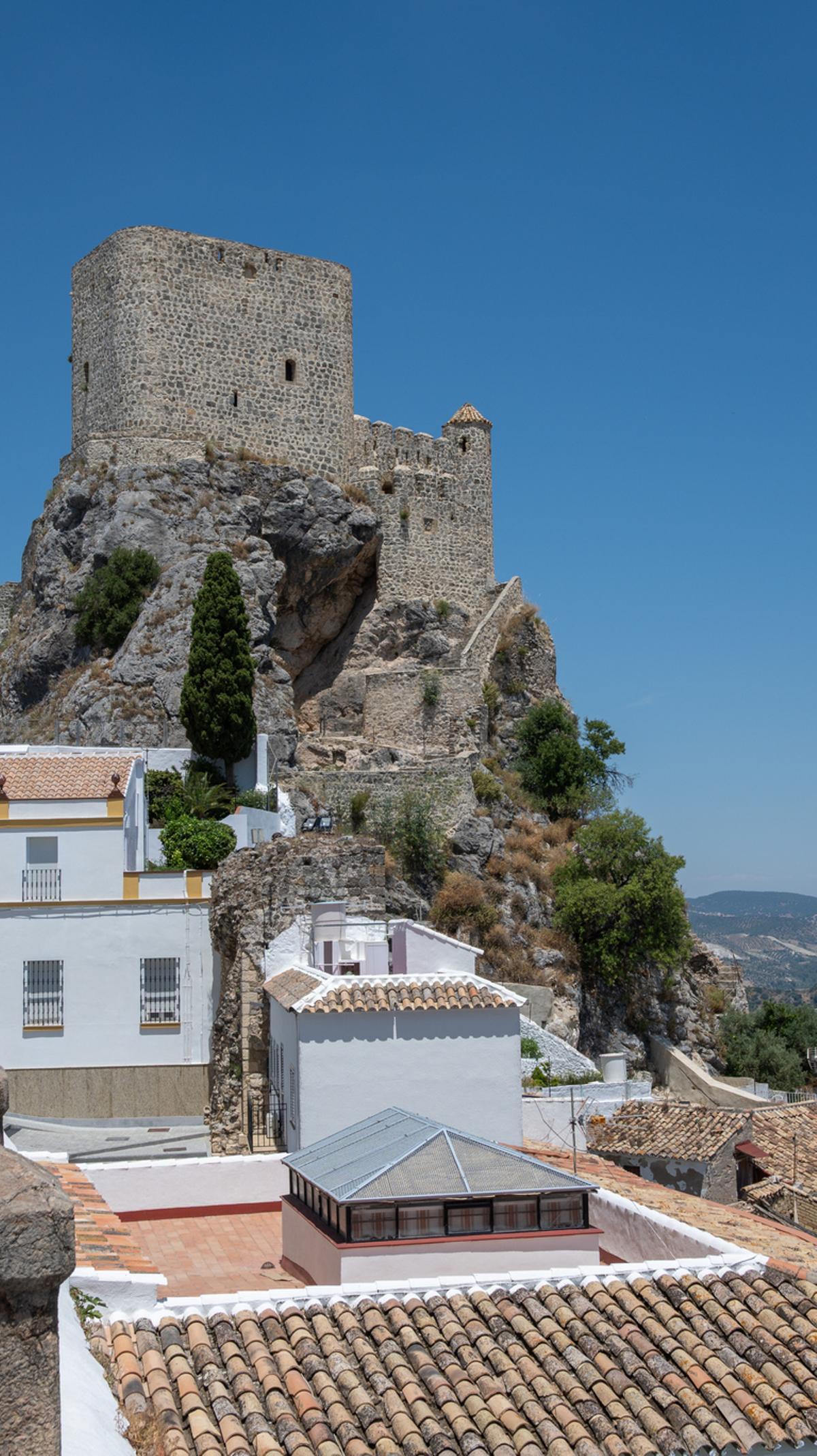 Tejados de casas blancas y castillo medieval siglo XII de la hermosa villa de Olvera, Andalucía
