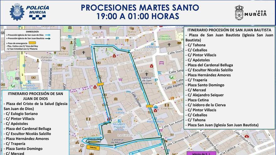 Estas son las calles cortadas por las procesiones del Martes Santo en Murcia