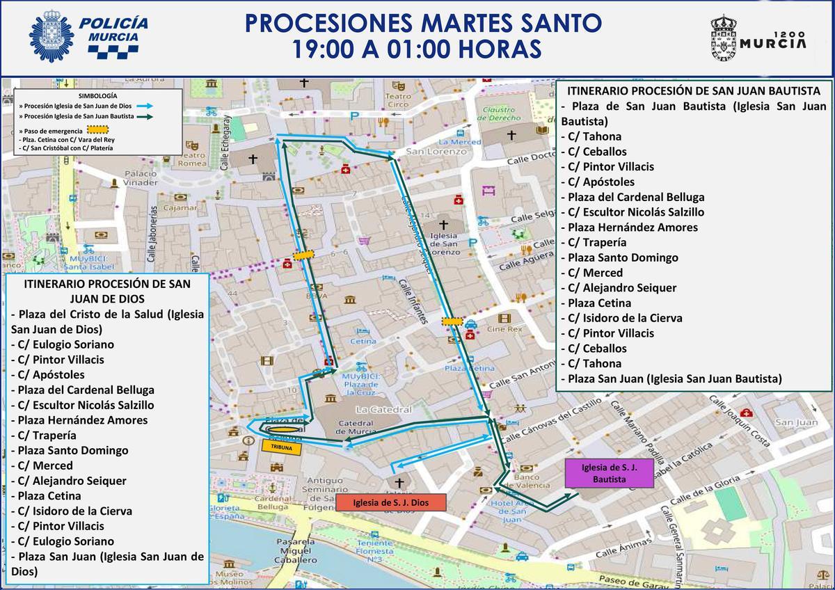 Lista de las calles cortadas por las dos procesiones de esta tarde en Murcia.