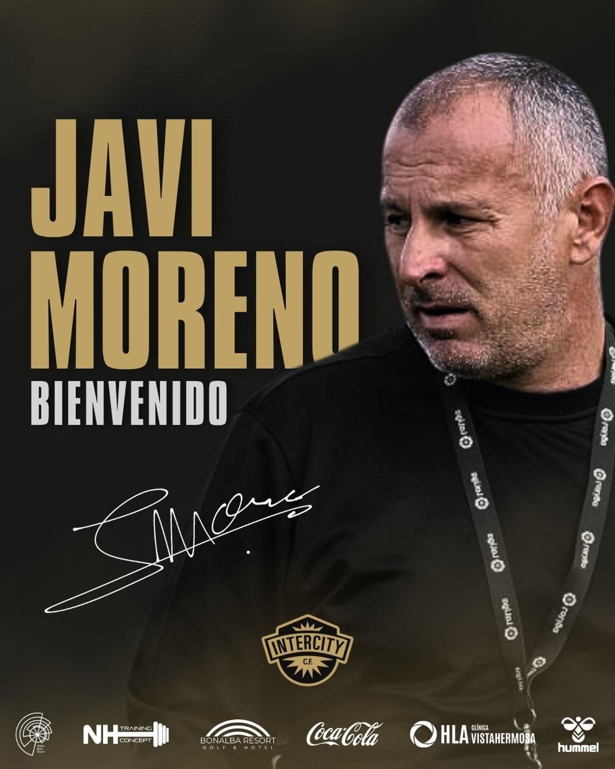 Cartela con el anuncio del fichaje del exfutbolista del Alavés Javi Moreno como entrenador del Intercity.