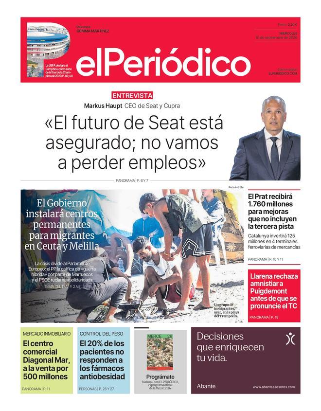 La portada de EL PERIÓDICO del 16 de septiembre de 2026
