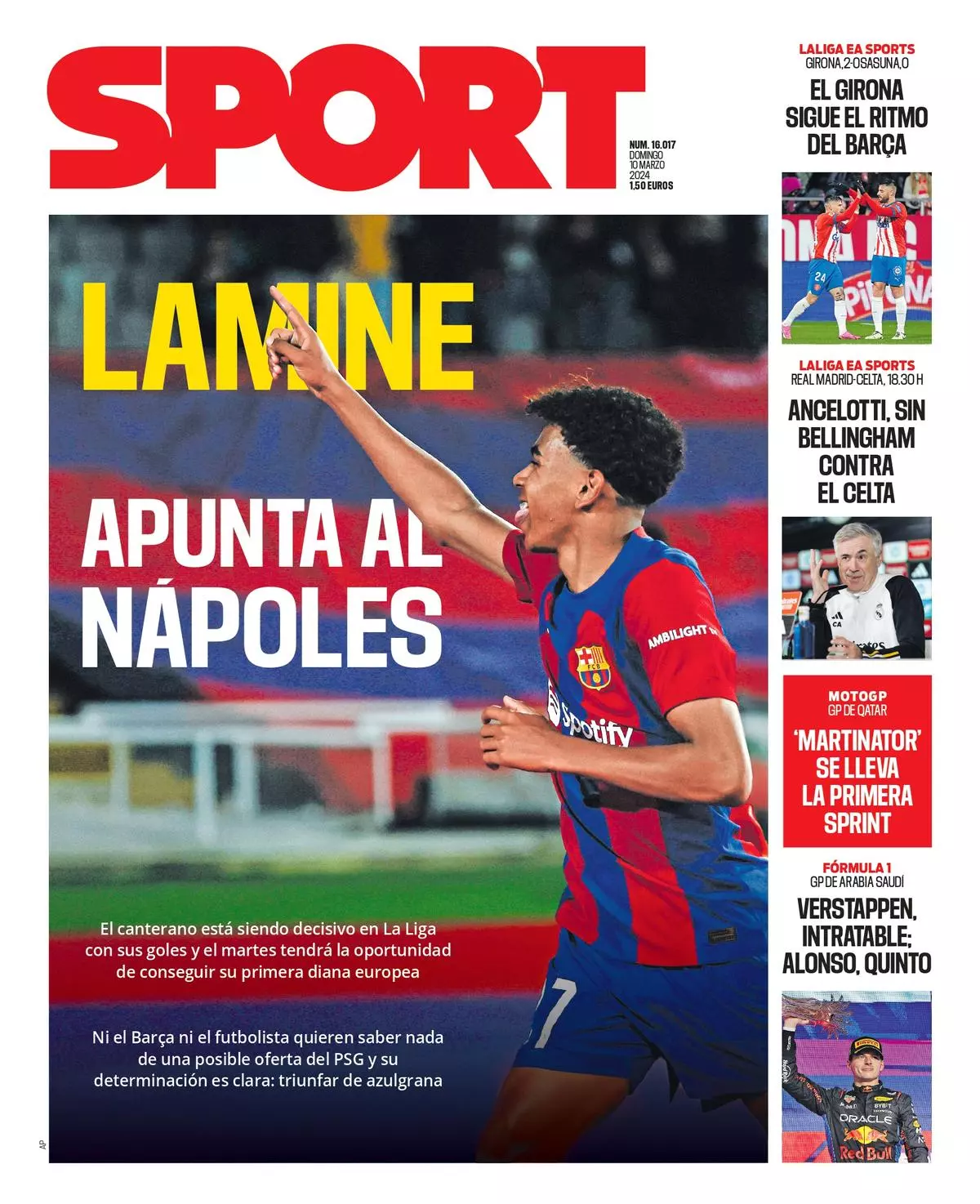 La portada SPORT de hoy, domingo 10 de marzo de 2024