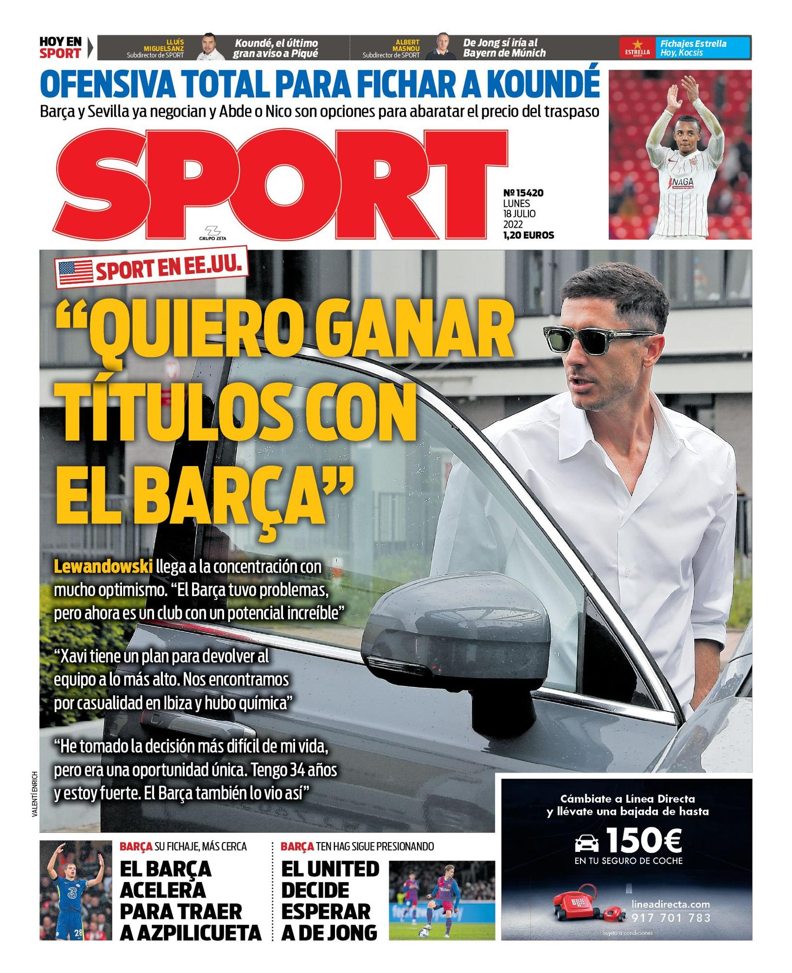 La portada de SPORT de hoy domingo 18 de julio de 2022