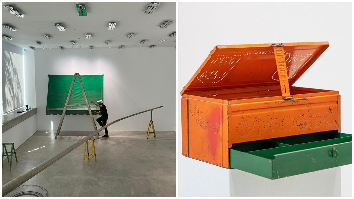 El toldo intervenido y colgado en la sala de exposiciones de Axis y una caja de herramientas intervenida también mediante perforaciones.