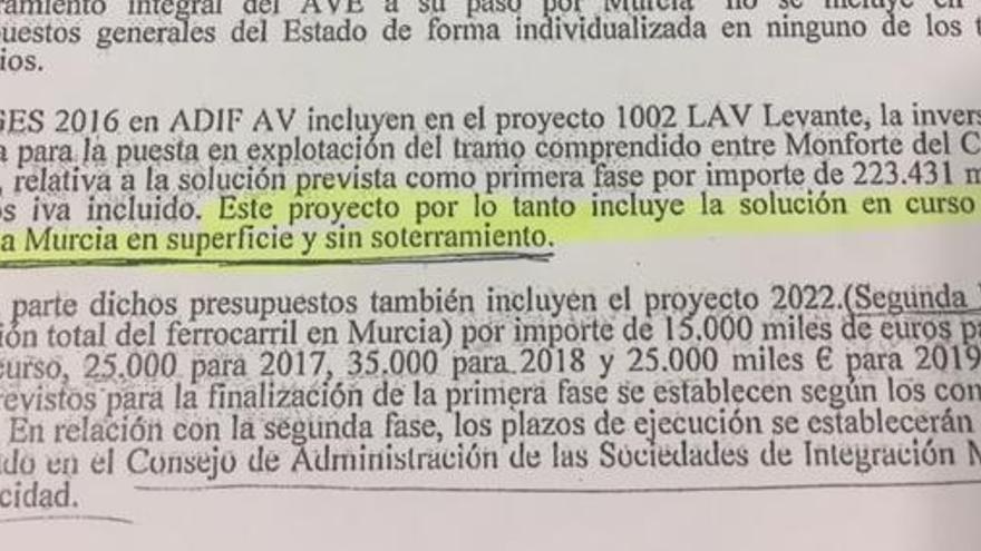 El fragmento del documento en el que reconoce que no hay dinero para el soterramiento