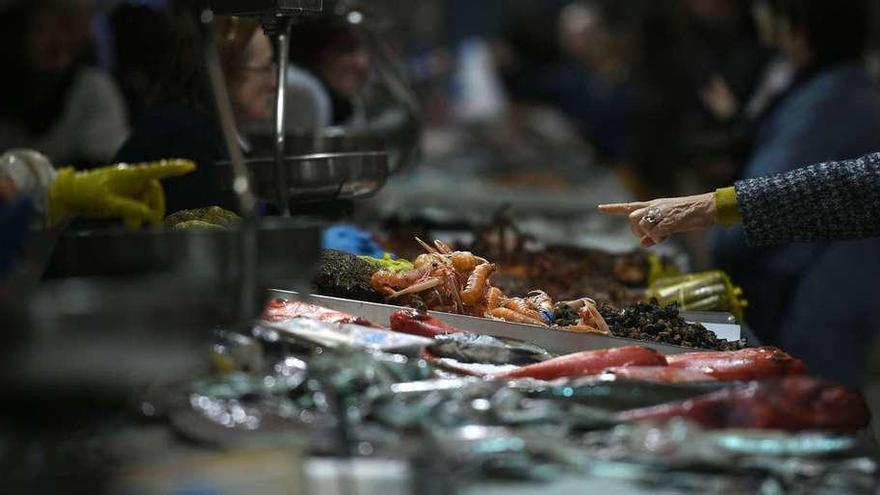 Puestos de pescado y marisco en el mercado Eusebio da Guarda, en la plaza de Lugo.