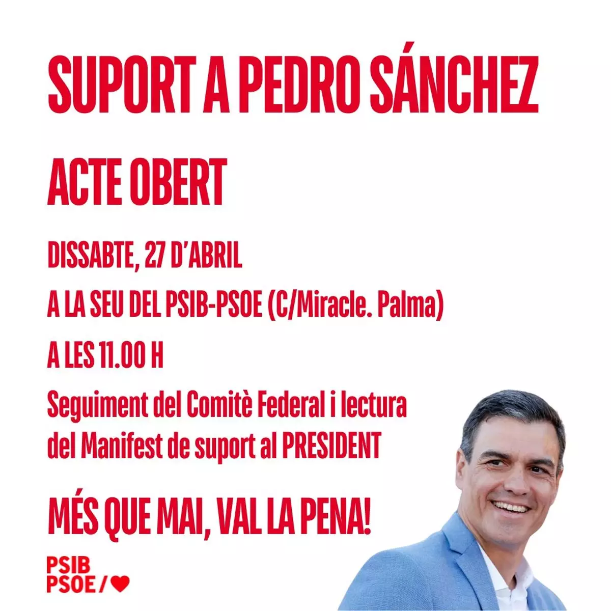 El PSOE balear organiza este sábado una concentración para apoyar a Pedro Sánchez