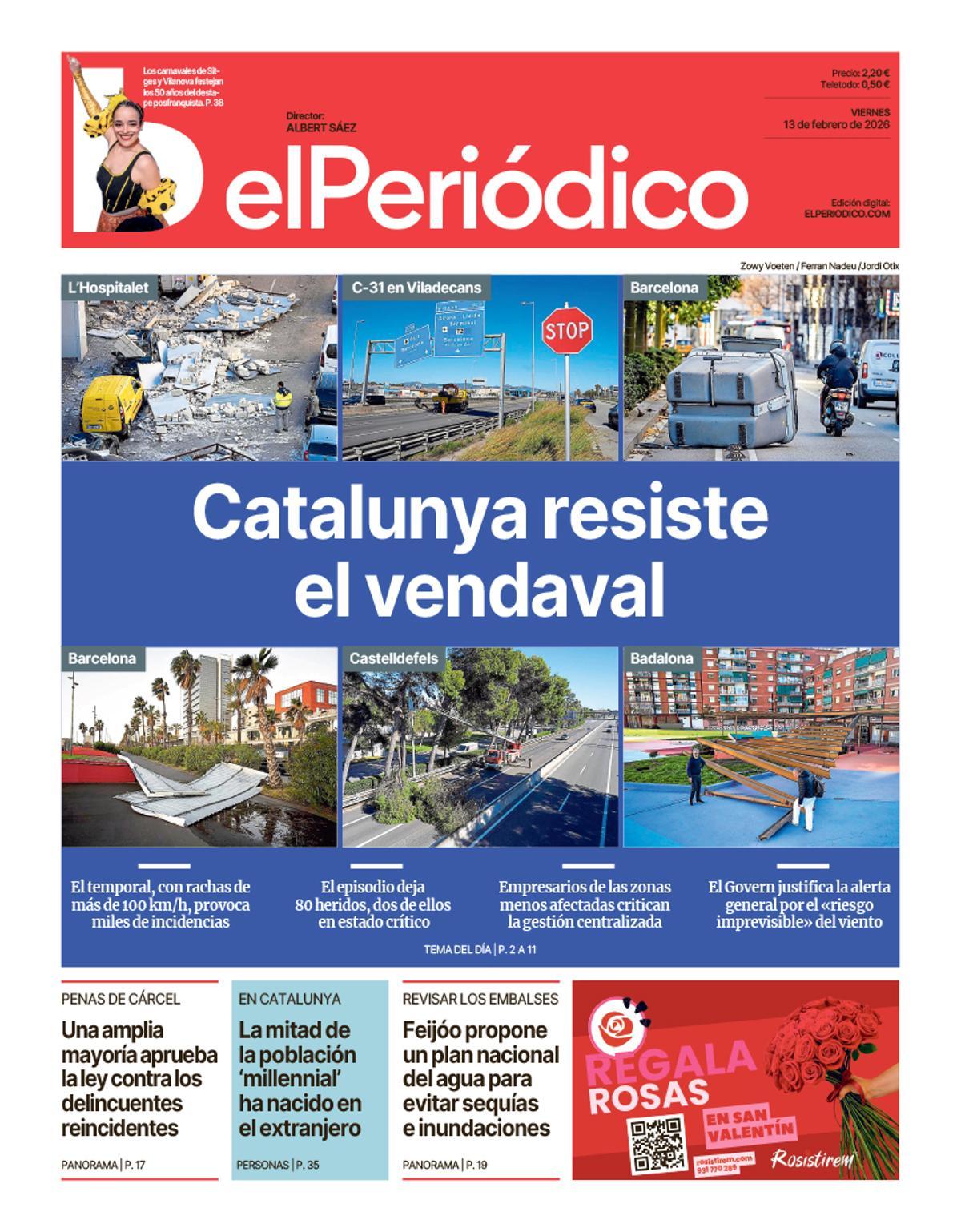 La portada de EL PERIÓDICO del 13 de febrero de 2026