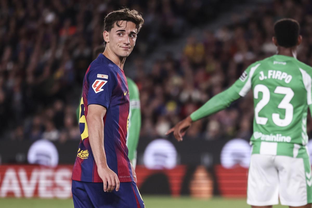 Gavi of FC Barcelona looks on during the Spanish league, LaLiga EA Sports, football match played between FC Barcelona and Real Betis at Spotify Camp Nou stadium on May 17, 2026 in Barcelona, Spain. AFP7 17/05/2026 ONLY FOR USE IN SPAIN