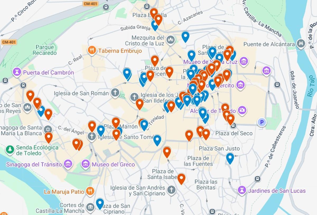 En azul, negocios enfocados a los vecinos, y en rojo dedicados a los turistas
