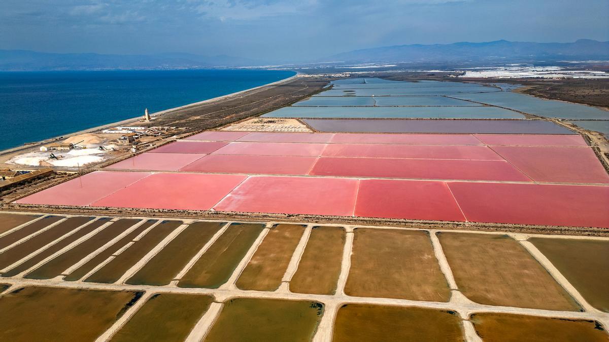Vista aérea de las salinas rosas y estanques de evaporación en Cabo de Gata