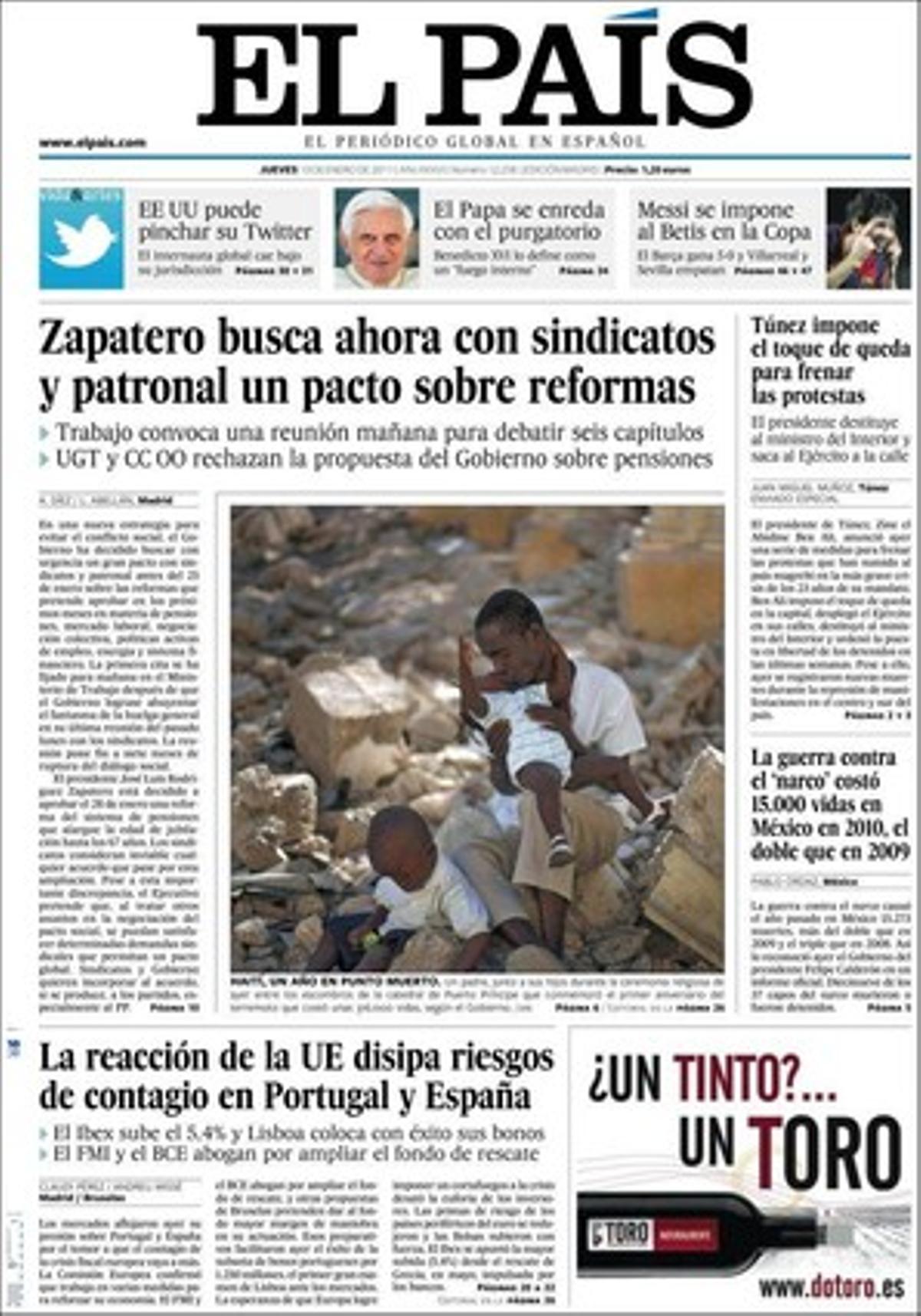 ’El País’ també ressalta a dins que María Emilia Casas esbronca el Parlament en el seu comiat del Tribunal Constitucional; que un dels sahrauís que demanen asil a Espanya a Fuertenventura presenta proves de la repressió marroquina a Aaiun; que qui es dóna d’alta en una xarxa social com Twitter assumeix una situació d’indefensió; que Alemanya veu molt probable que el porc tòxic estigui a les botigues, i que el Papa s’enreda amb el purgatori.