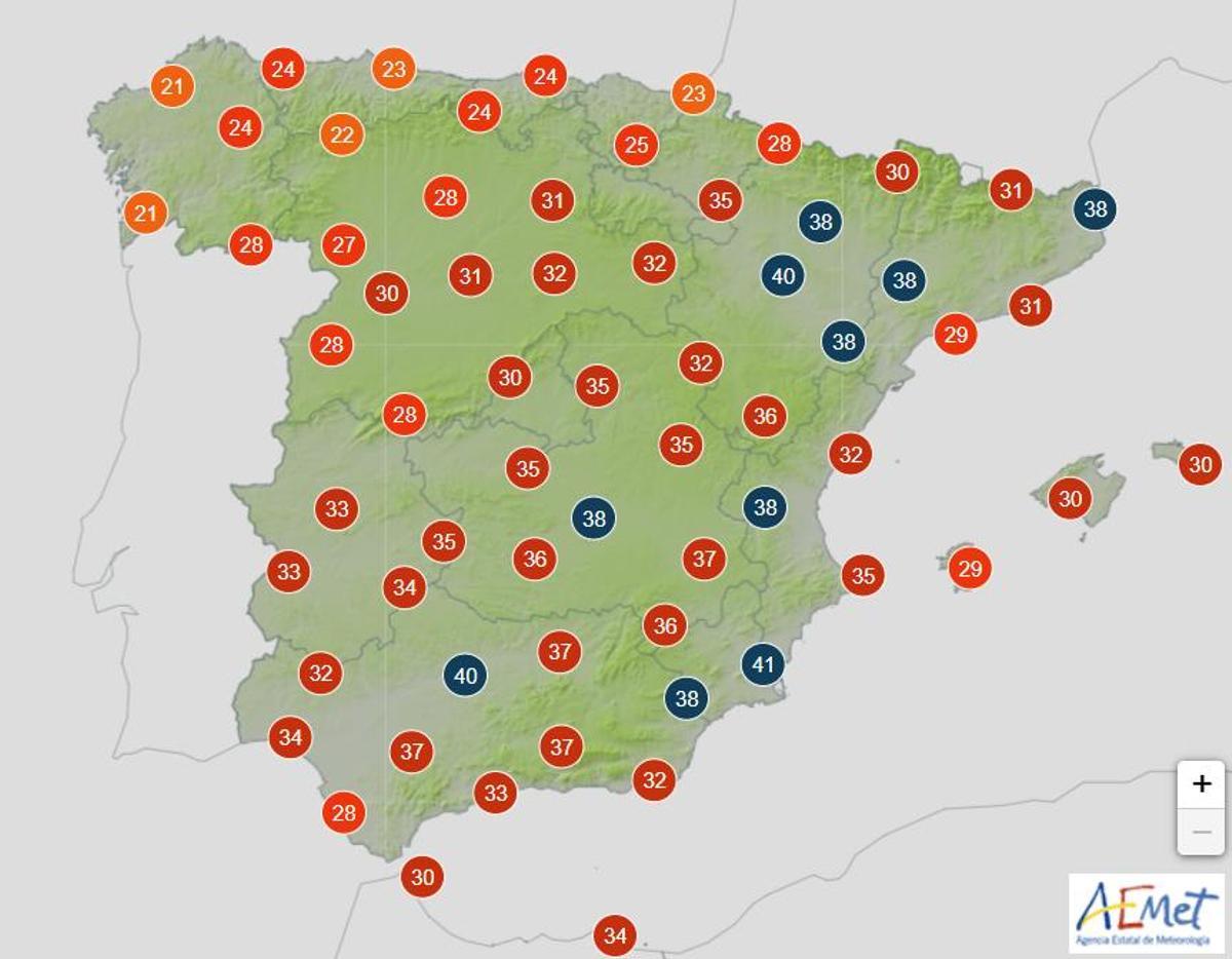 Previsión de temperaturas para el sábado 20 de julio a las 17:00 según la AEMET en la península Ibérica y Baleares