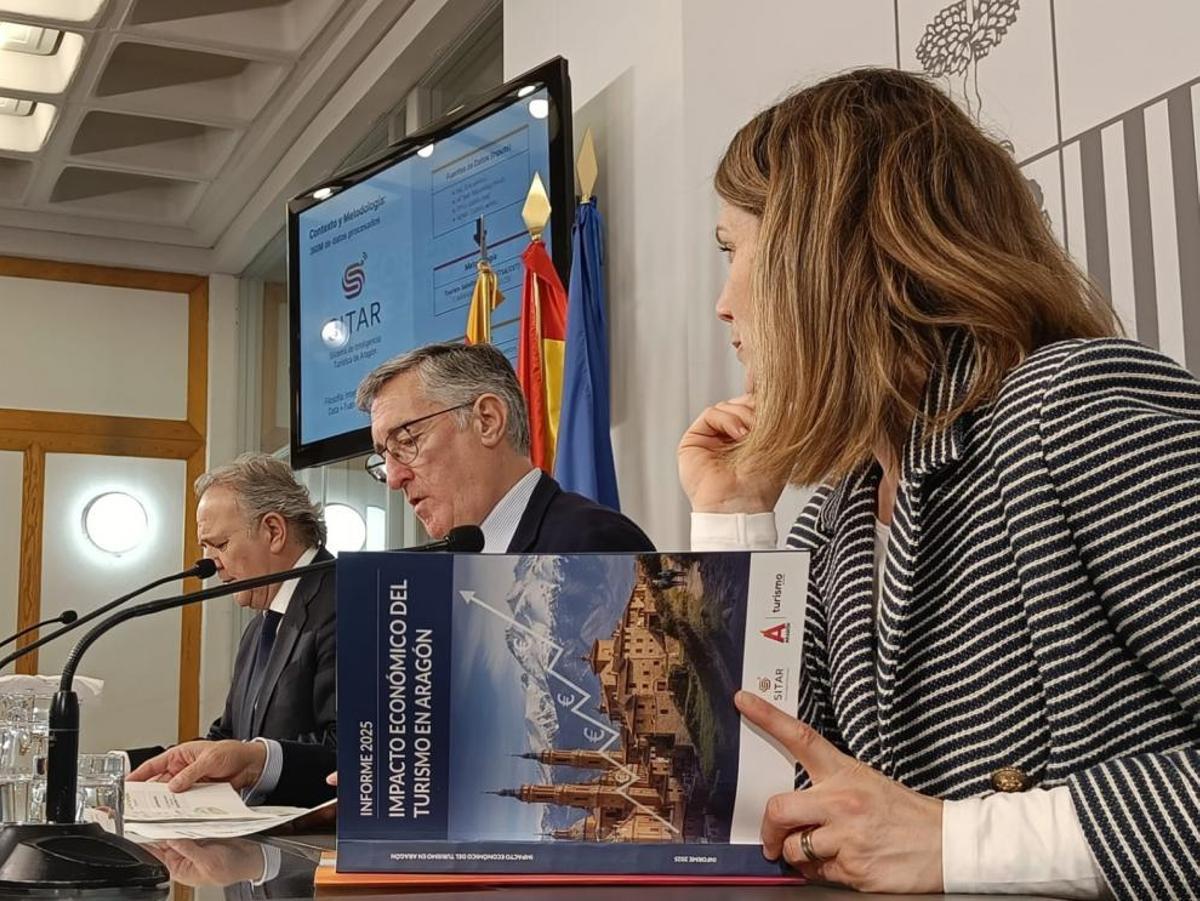 El consejero de Turismo, Manuel Blasco, con el director general de Turismo y la responsable de Turismo de Aragón, en la rueda de prensa.
