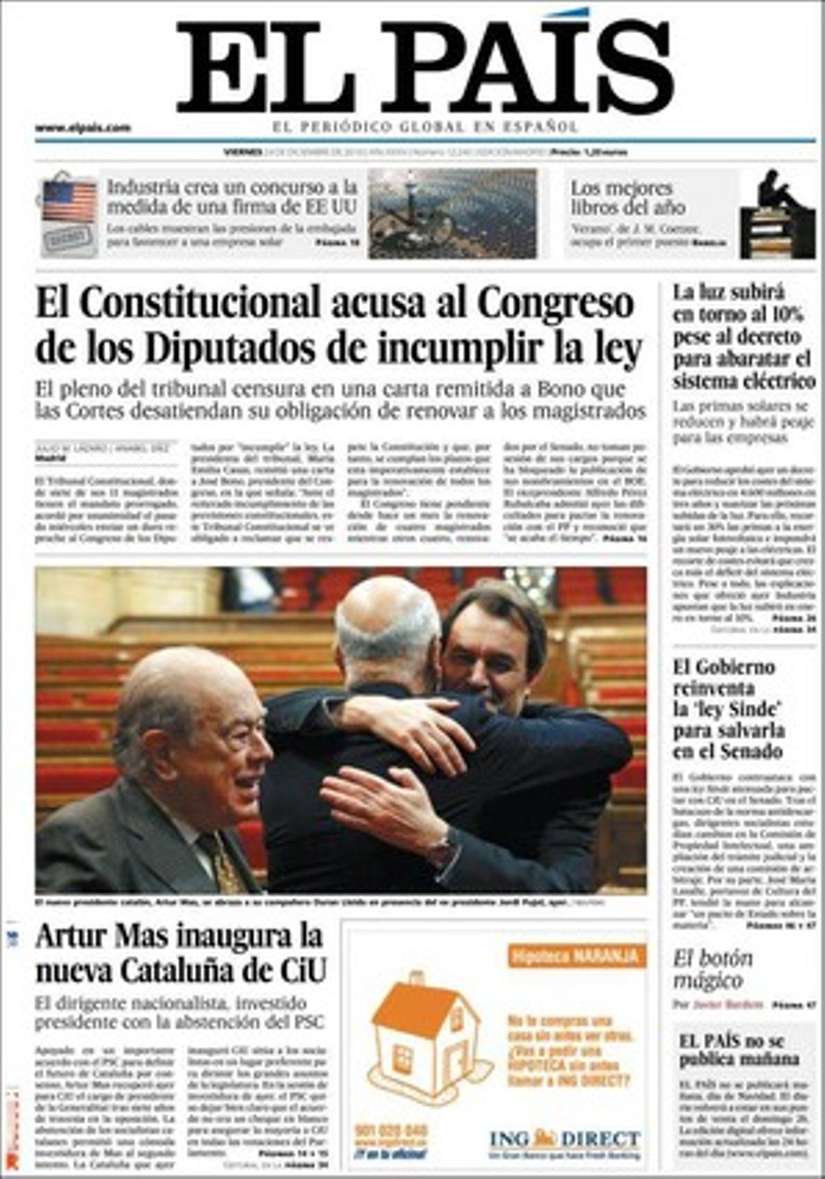 ’El País’ també destaca que el Ministeri d’Indústria espanyol --segons les notes de Wikileaks-- va crear un concurs a mida d’una firma solar de Califòrnia a petició dels EUA; que el Govern recorre la llei catalana de consultes davant el Constitucional, que Indústria retalla 4.600 milions de costos elèctrics per suavitzar les pujades de la llum; que la llei prohibeix fumar també al portal i al passadís dels edificis; que Tarragona està patint el seu vessament número 18 i que cap ha acabat en condemna; i que el ministre Sebastián apunta ara a Ascó com a seu del magatzem nuclear si Artur Mas ho accepta i que l’arxiu de Carme Balcells ja està a l’Arxiu General de l’Administració, a Alcalá de Henares.
