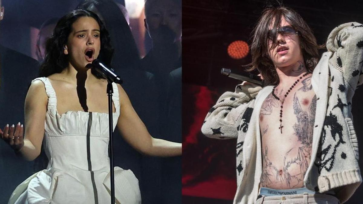 Combo de Rosalía (izquierda) y Rojuu (derecha), su invitado del Confesionario del cuarto y último concierto de la cantante catalana en el Palau Sant Jordi de Barcelona.