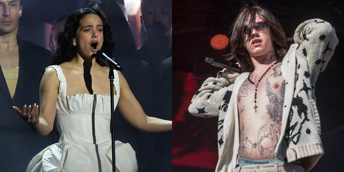 Combo de Rosalía (izquierda) y Rojuu (derecha), su invitado del Confesionario del cuarto y último concierto de la cantante catalana en el Palau Sant Jordi de Barcelona.